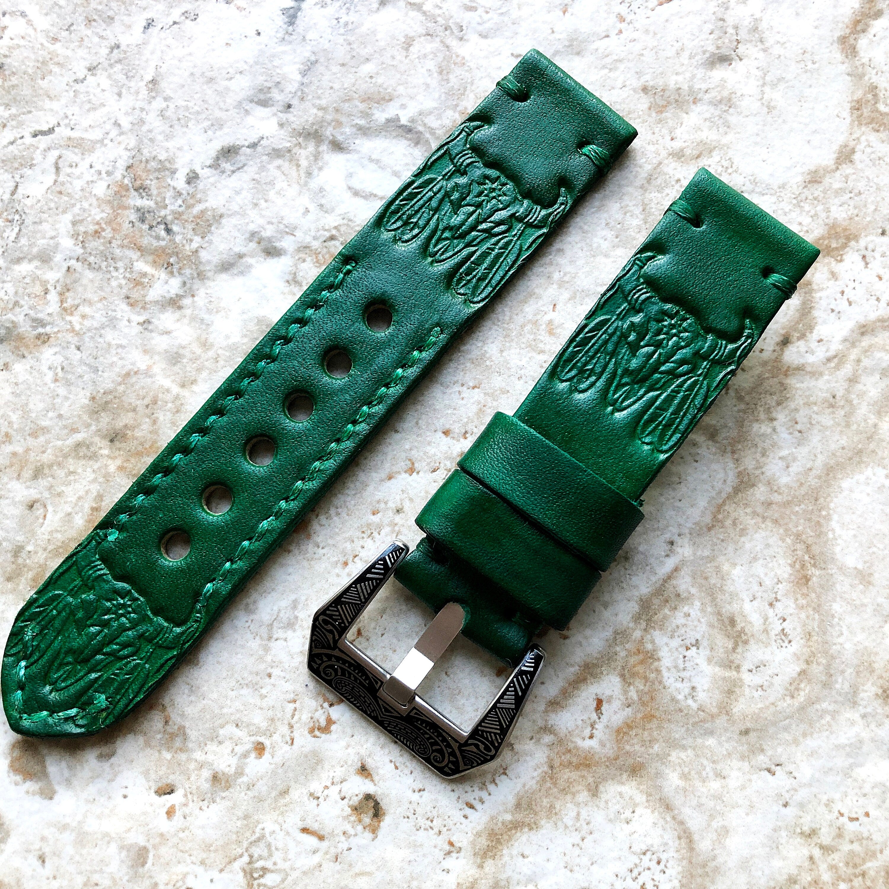 Buffalo Skull Band 22mm 24mm 25mm Embossed Genuine Leather Compatible with Apple Watch Fitbit Versa 2 3 4 Sense 2 Ionic Handmade Strap